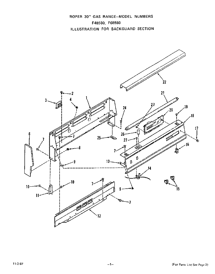 BACKGUARD Diagram and Parts List for F4858W0  Roper Range