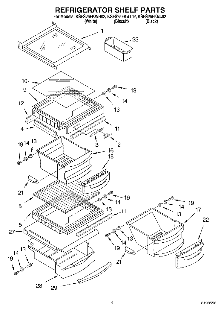 REFRIGERATOR SHELF PARTS Diagram and Parts List for KSFS25FKBL02  KitchenAid Refrigerator