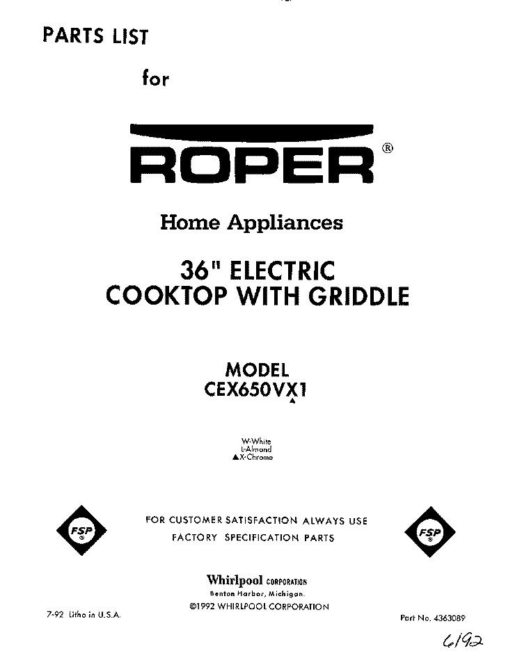 SECTION Diagram and Parts List for CEX650VW1  Roper Range