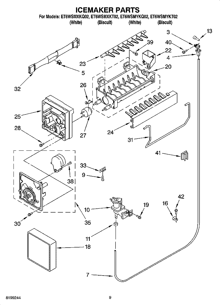 ICEMAKER PARTS Diagram and Parts List for ET6WSMYKT02  Whirlpool Refrigerator