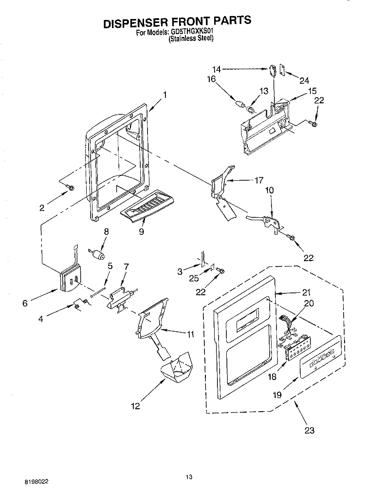 DISPENSER FRONT Diagram and Parts List for GD5THGXKS01  Whirlpool Refrigerator