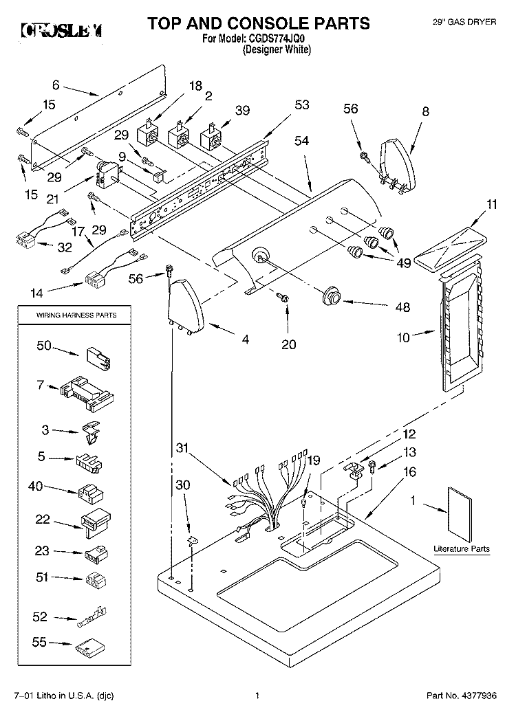 TOP & CONSOLE, LIT/OPTIONAL Diagram and Parts List for CGDS774JQ0  Crosley Dryer