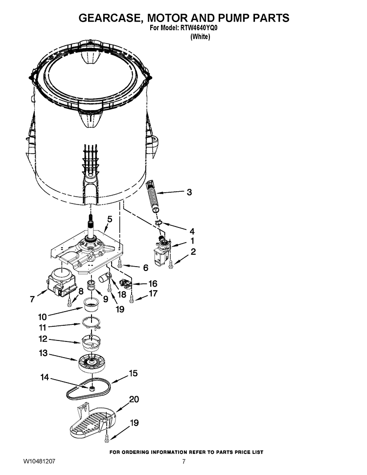 GEARCASE, MOTOR AND PUMP PARTS Diagram and Parts List for RTW4640YQ0  Roper Washer