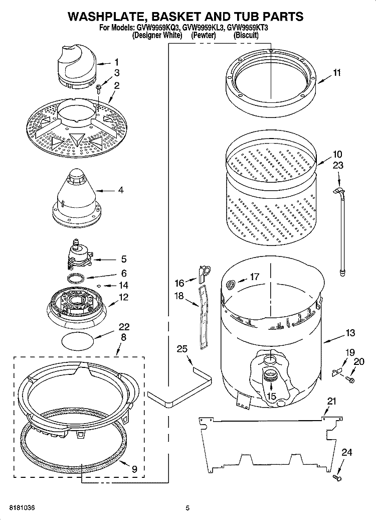 WASHPLATE, BASKET AND TUB PARTS Diagram and Parts List for GVW9959KL3  Whirlpool Washer