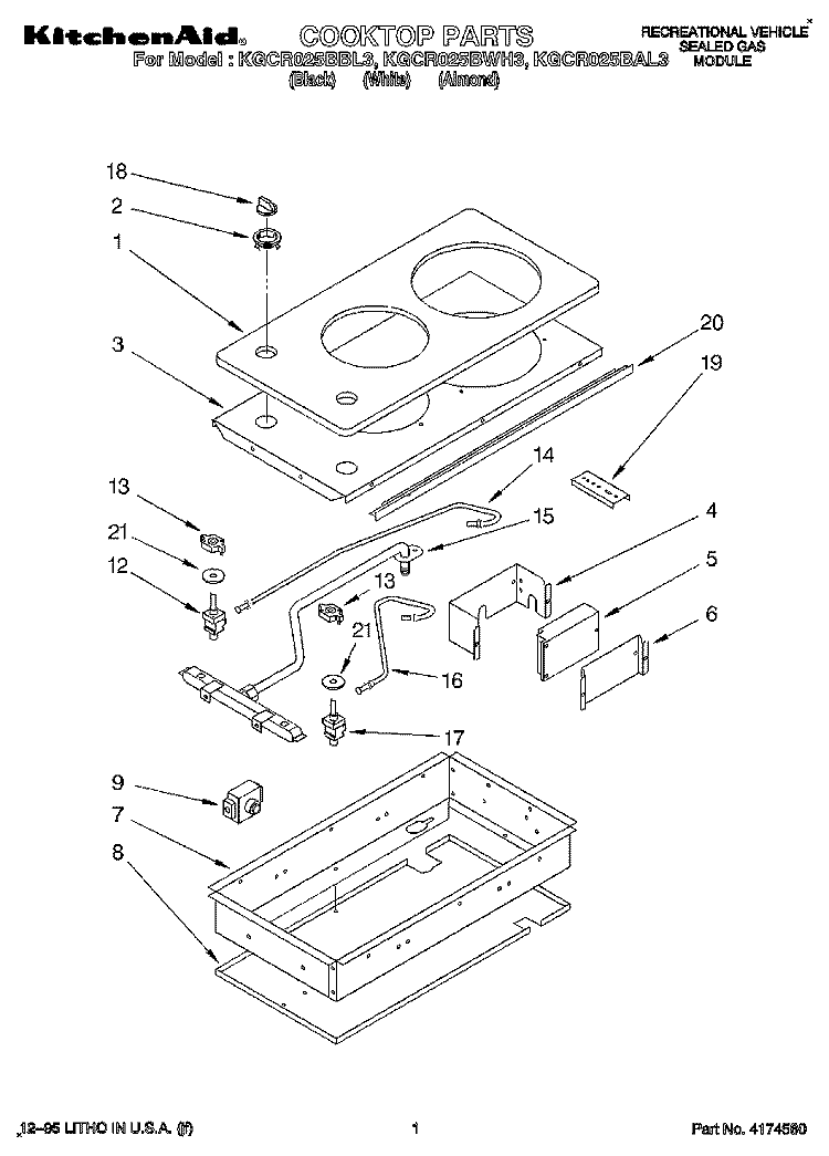 COOKTOP PARTS Diagram and Parts List for KGCR025BBL3  KitchenAid Cooktop