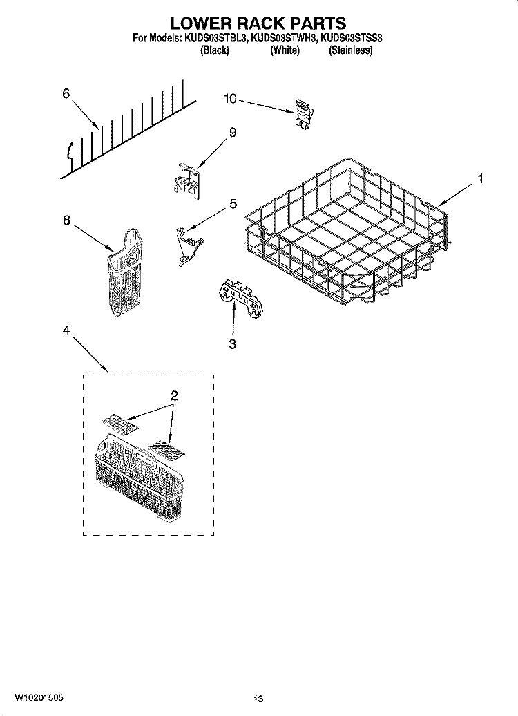 LOWER RACK PARTS Diagram and Parts List for KUDS03STBL3  KitchenAid Dishwasher