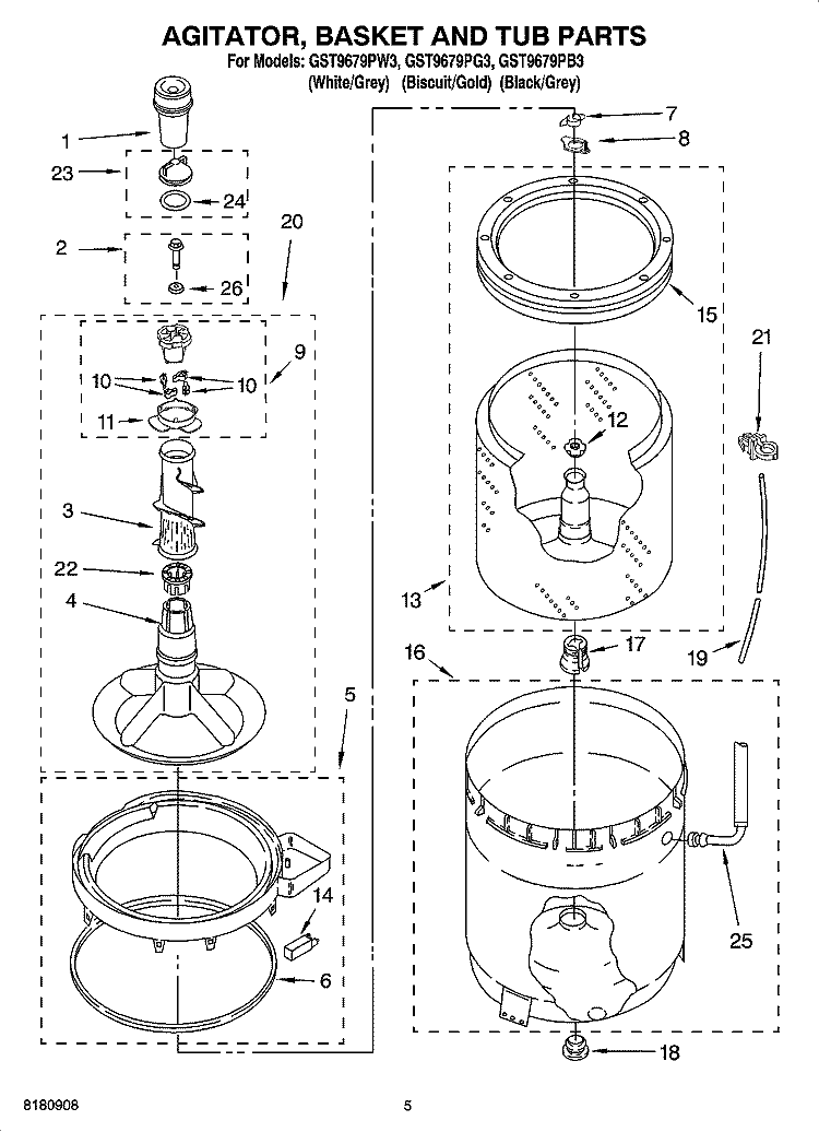 AGITATOR, BASKET AND TUB PARTS Diagram and Parts List for GST9679PG3  Whirlpool Washer