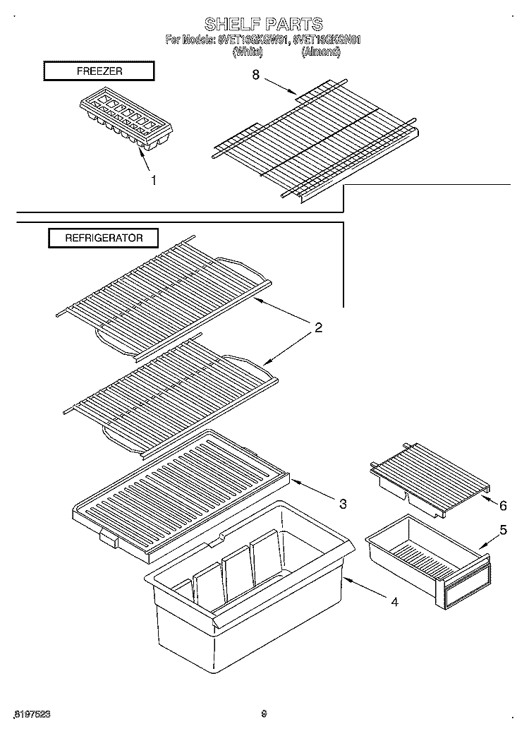SHELF Diagram and Parts List for 8VET16GKGW01  Whirlpool Refrigerator