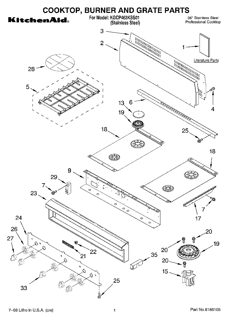 COOKTOP, BURNER AND GRATE PARTS Diagram and Parts List for KGCP463KSS01  KitchenAid Cooktop