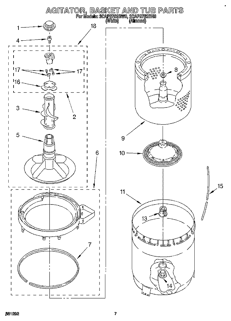 AGITATOR, BASKET AND TUB Diagram and Parts List for 3CAP2782BN0  Whirlpool Washer
