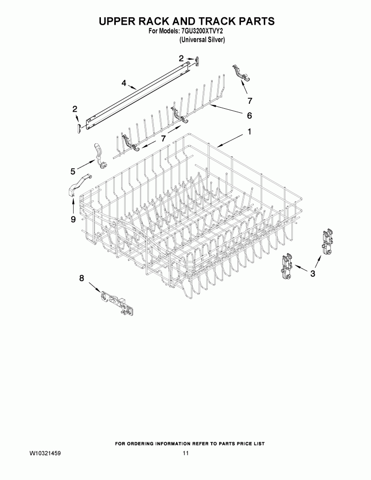 UPPER RACK AND TRACK PARTS Diagram and Parts List for 7GU3200XTVY2  Whirlpool Dishwasher