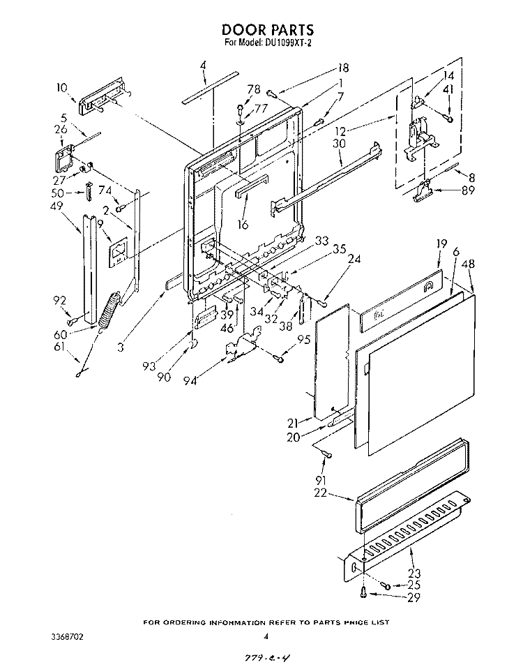 DOOR Diagram and Parts List for DU1099XT2  Whirlpool Dishwasher