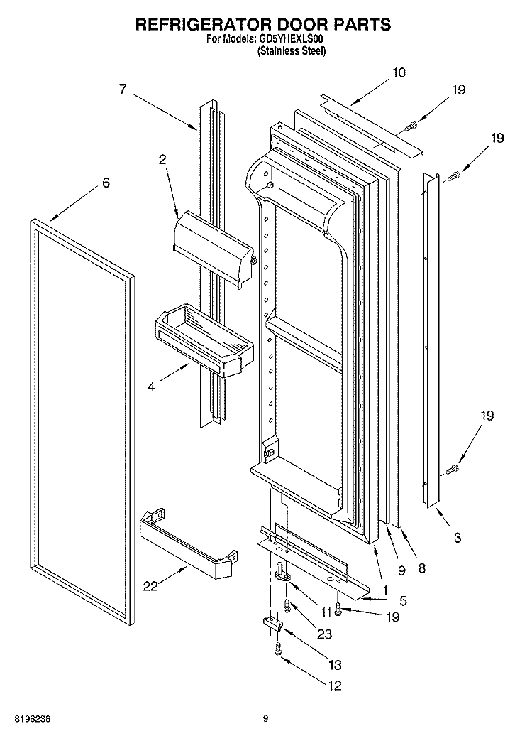 REFRIGERATOR DOOR Diagram and Parts List for GD5YHEXLS00  Whirlpool Refrigerator