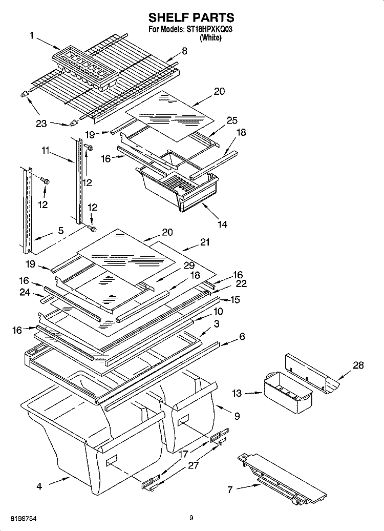 SHELF PARTS, OPTIONAL PARTS Diagram and Parts List for ST18HPXKQ03  Whirlpool Refrigerator