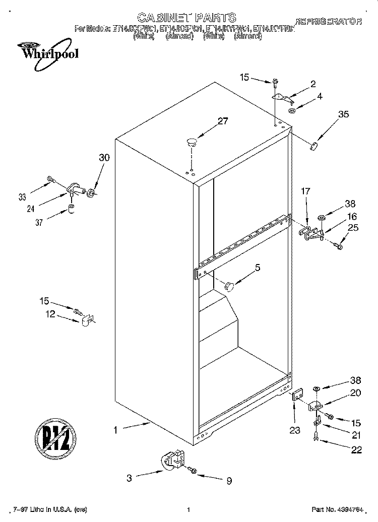 CABINET Diagram and Parts List for ET14JKXFW01  Whirlpool Refrigerator