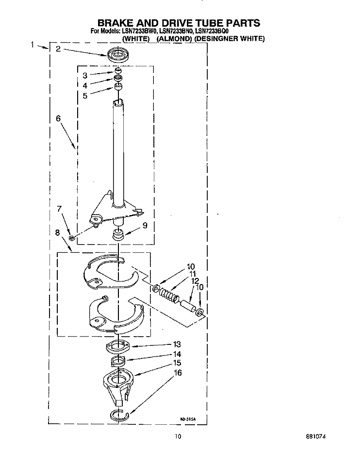 BRAKE AND DRIVE TUBE Diagram and Parts List for LSN7233BN0  Whirlpool Washer