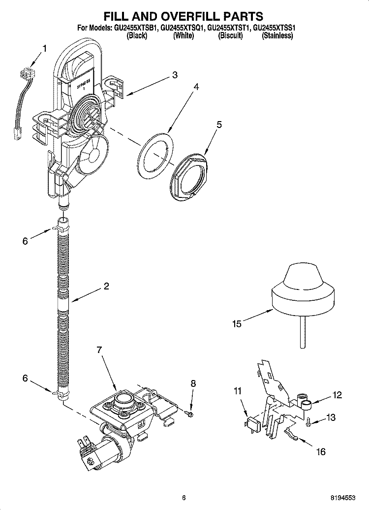 FILL AND OVERFILL PARTS Diagram and Parts List for GU2455XTSB1  Whirlpool Dishwasher