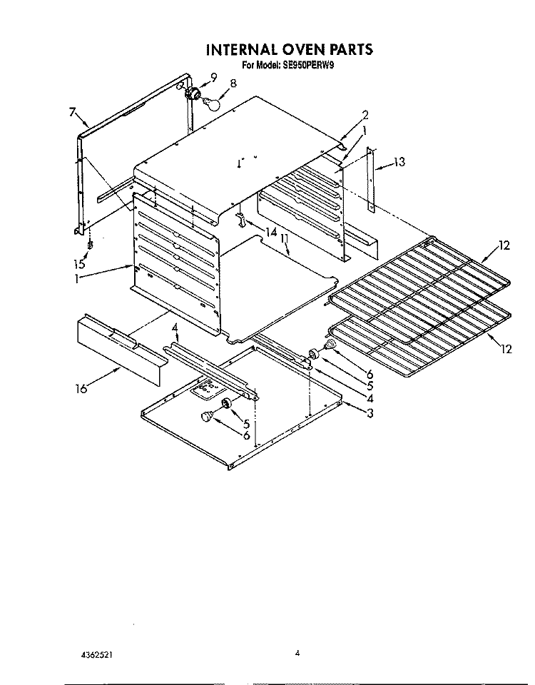 INTERNAL OVEN Diagram and Parts List for SE950PERW9  Whirlpool Range