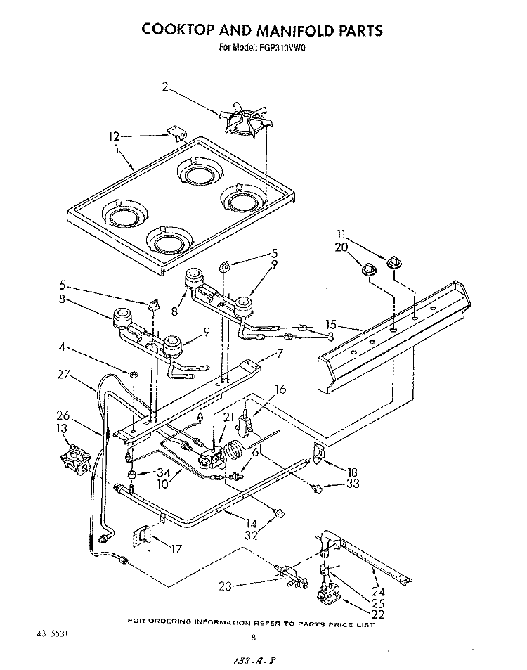 COOKTOP AND MANIFOLD , LITERATURE AND OPTIONAL Diagram and Parts List for FGP310VL0  Whirlpool Range