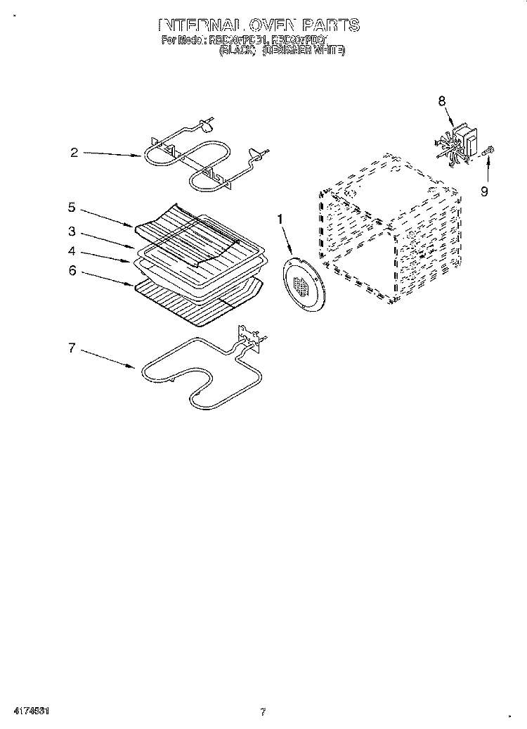 INTERNAL OVEN Diagram and Parts List for RBD307PDB1  Whirlpool Wall Oven