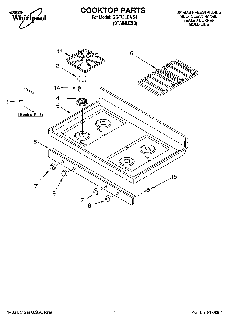 COOKTOP PARTS Diagram and Parts List for GS475LEMS4  Whirlpool Range