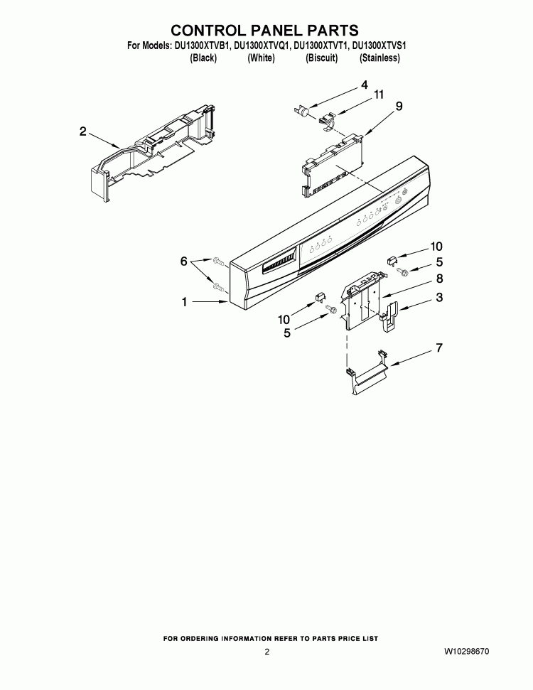 CONTROL PANEL PARTS Diagram and Parts List for DU1300XTVQ1  Whirlpool Dishwasher