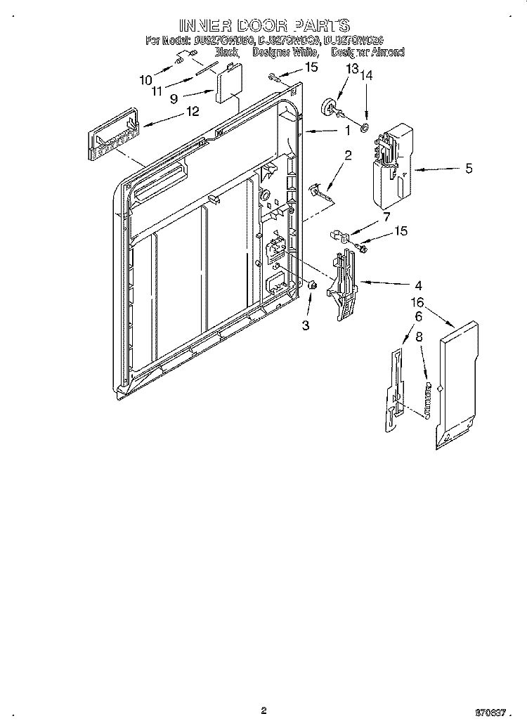 INNER DOOR Diagram and Parts List for DU927QWDB0  Whirlpool Dishwasher