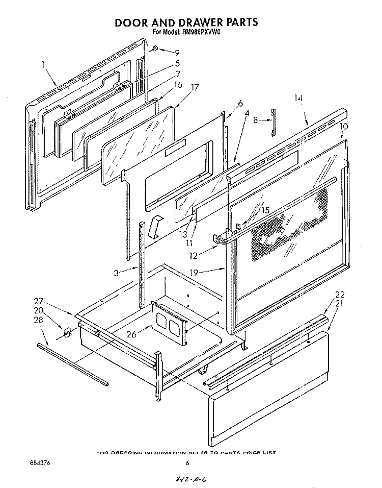 DOOR AND DRAWER Diagram and Parts List for RM988PXVW0  Whirlpool Microwave Oven Combo