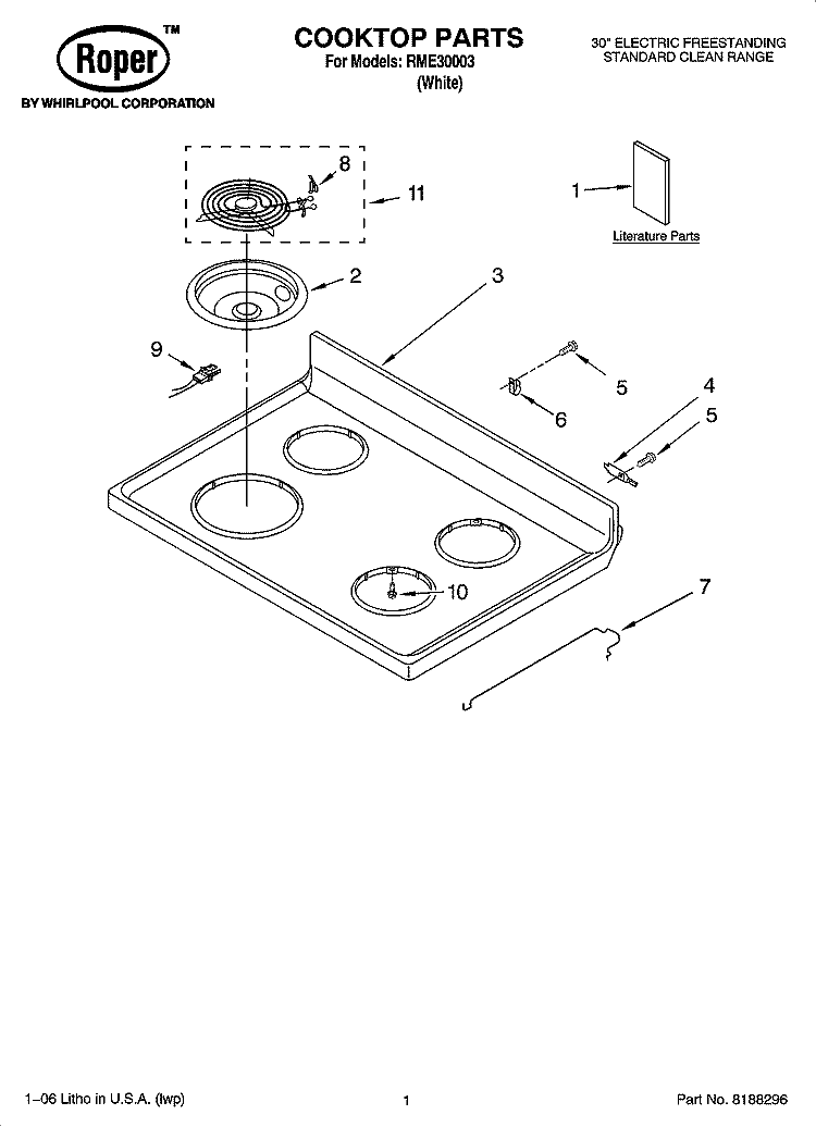 COOKTOP PARTS Diagram and Parts List for RME30003  Roper Range