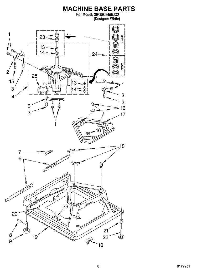 MACHINE BASE PARTS Diagram and Parts List for 3RGSC9455JQ2  Whirlpool Washer