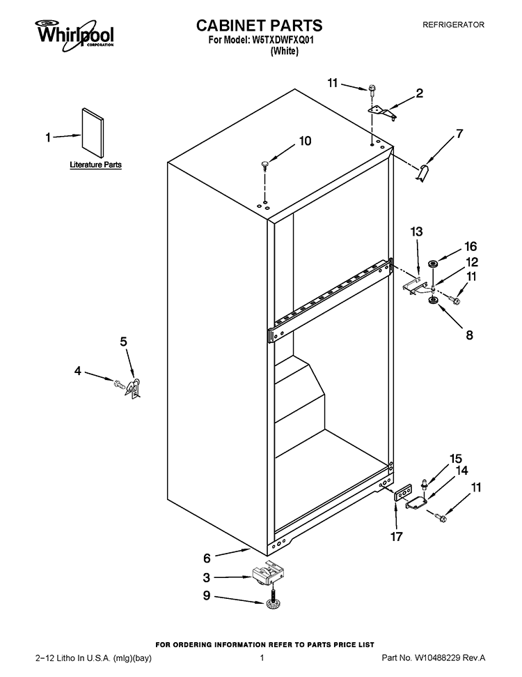 CABINET PARTS Diagram and Parts List for W5TXDWFXQ01  Whirlpool Refrigerator