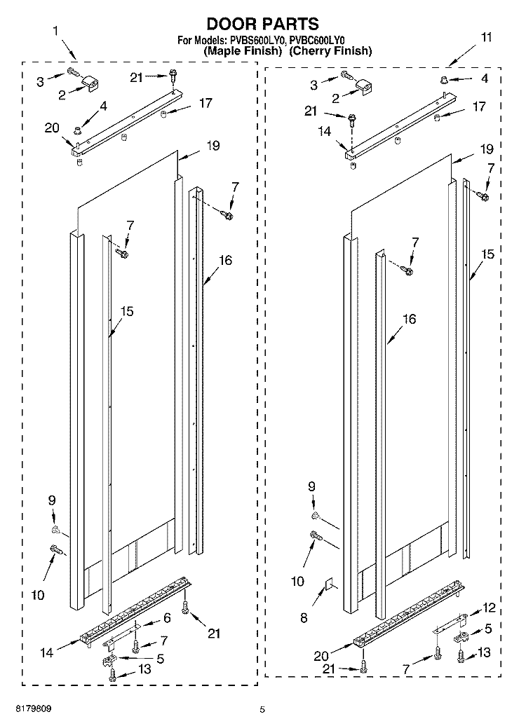 DOOR Diagram and Parts List for PVBS600LY0  Whirlpool Cabinet