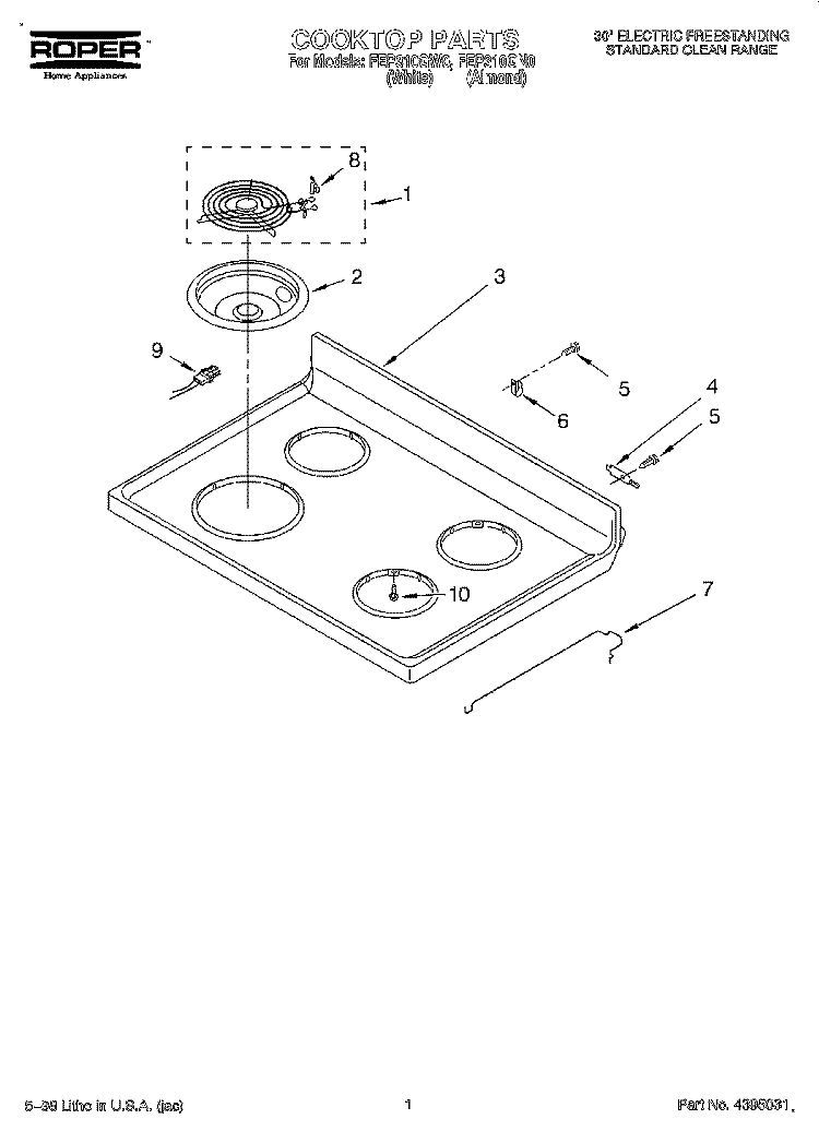 COOKTOP Diagram and Parts List for FEP310GW0  Roper Range
