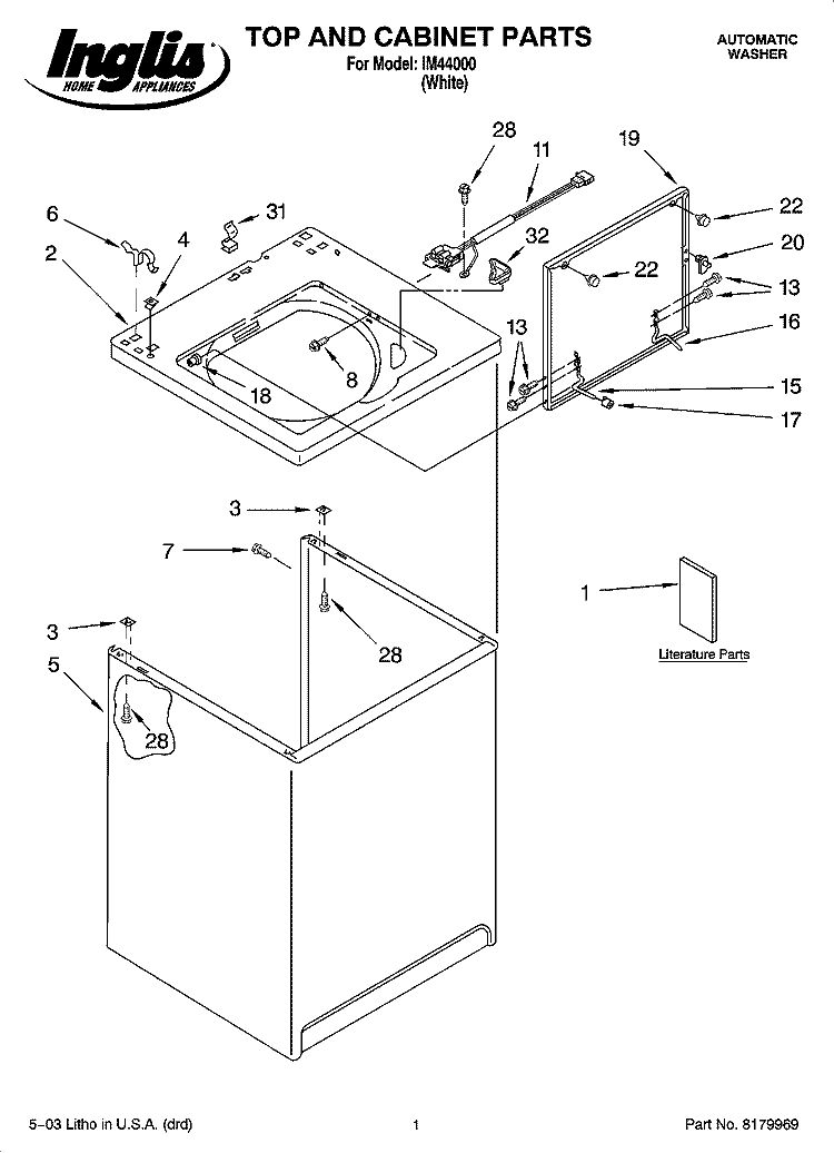 TOP AND CABINET PARTS Diagram and Parts List for IM44000  Inglis Washer