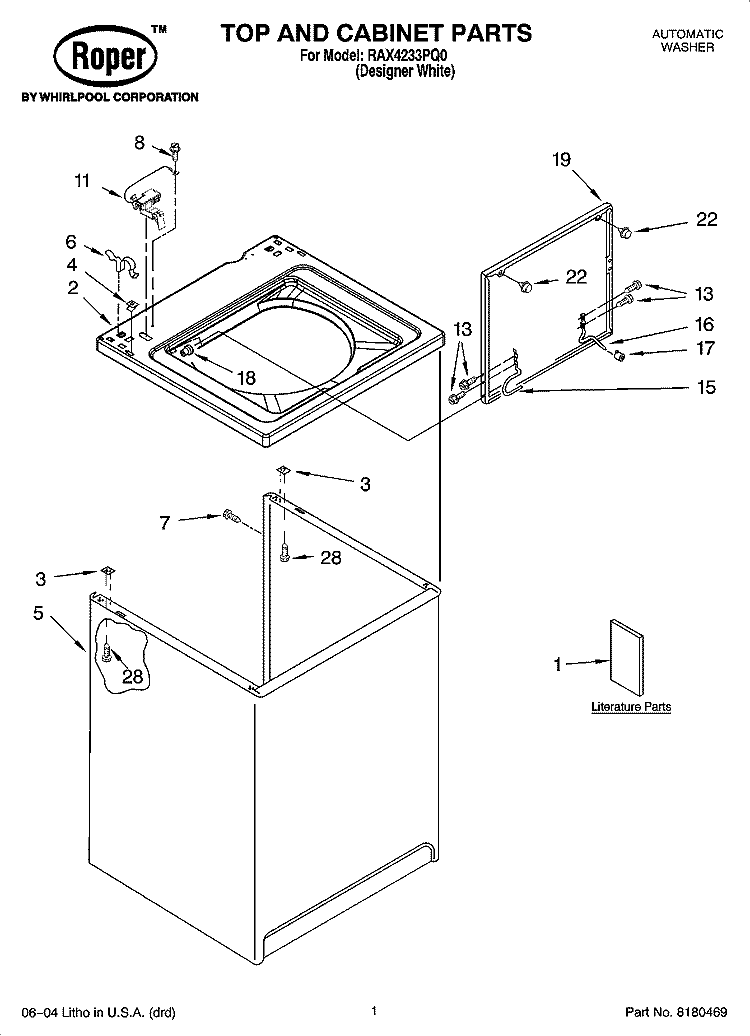 TOP AND CABINET PARTS Diagram and Parts List for RAX4233PQ0  Roper Washer