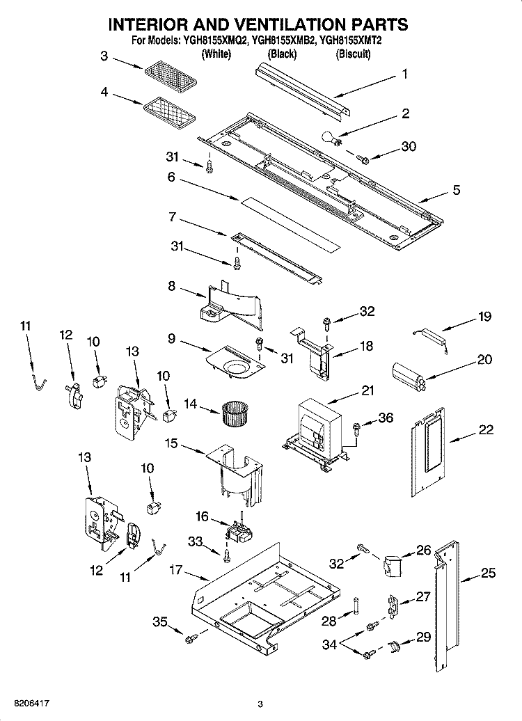 INTERIOR AND VENTILATION PARTS Diagram and Parts List for YGH8155XMB2  Whirlpool Microwave