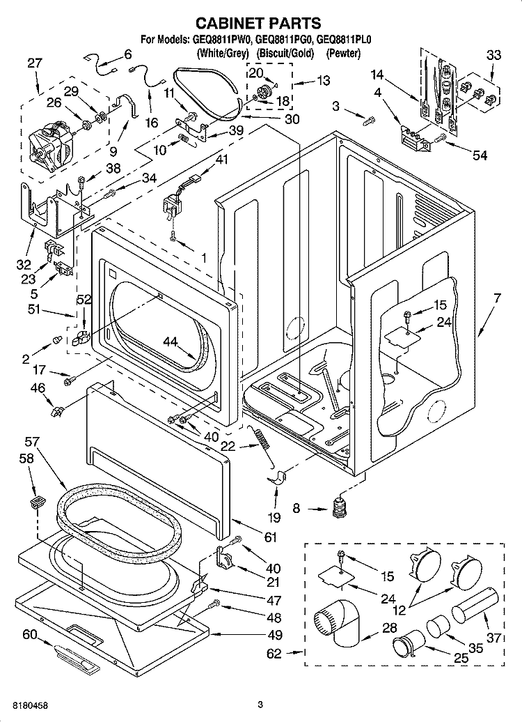 CABINET PARTS Diagram and Parts List for GEQ8811PL0  Whirlpool Dryer