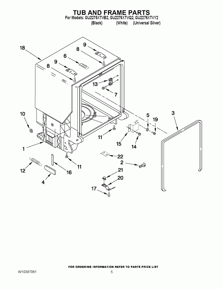 TUB AND FRAME PARTS Diagram and Parts List for GU2275XTVB2  Whirlpool Dishwasher