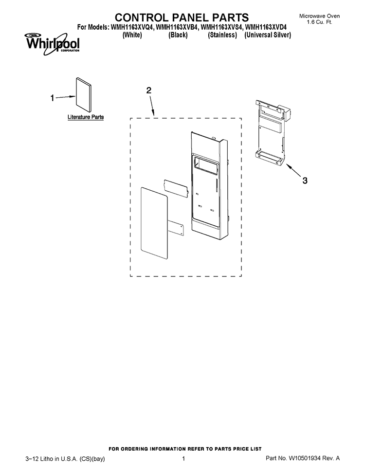 CONTROL PANEL PARTS Diagram and Parts List for WMH1163XVD4  Whirlpool Microwave