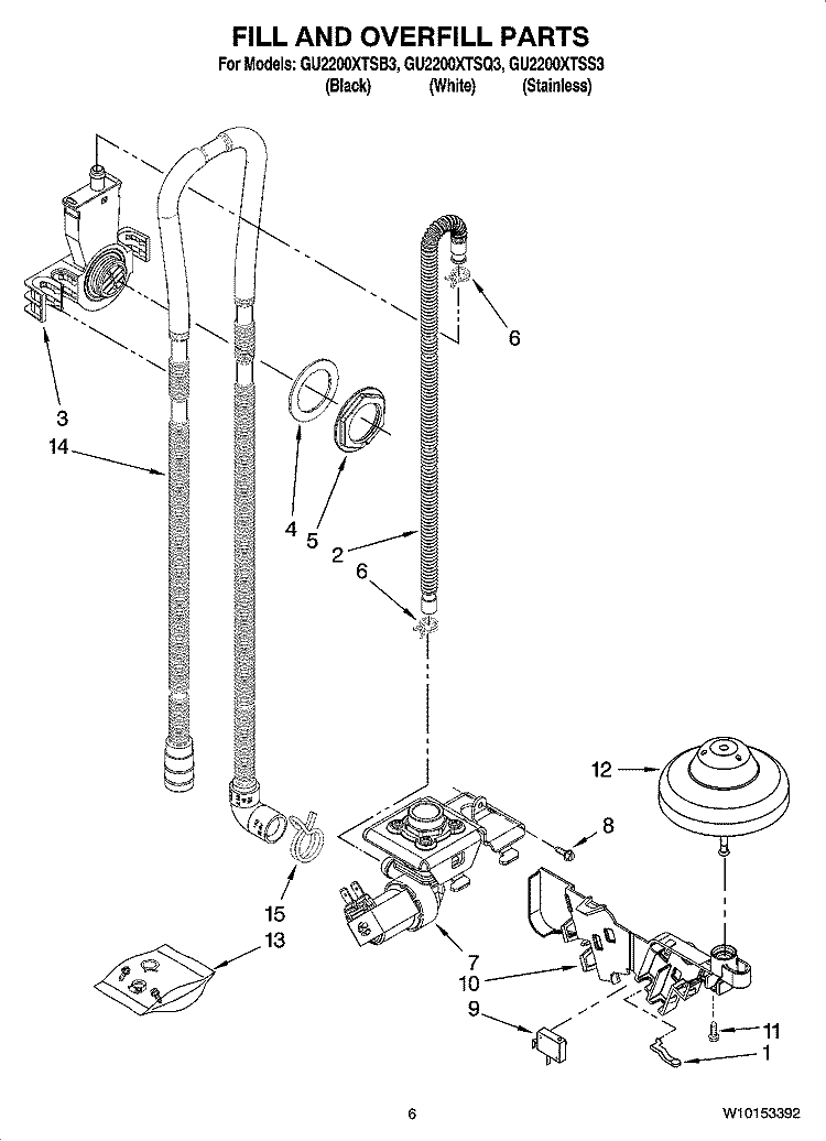 FILL AND OVERFILL PARTS Diagram and Parts List for GU2200XTSB3  Whirlpool Dishwasher