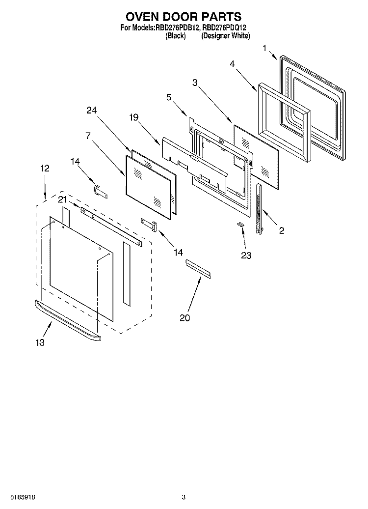 OVEN DOOR Diagram and Parts List for RBD276PDQ12  Whirlpool Wall Oven