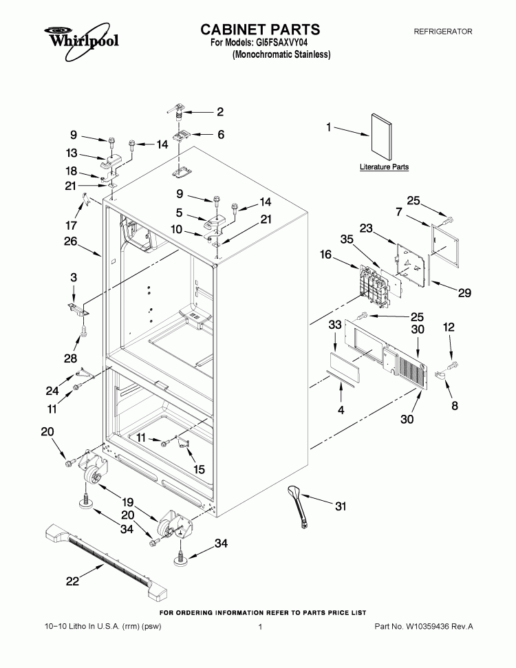 CABINET PARTS Diagram and Parts List for GI5FSAXVY04  Whirlpool Refrigerator