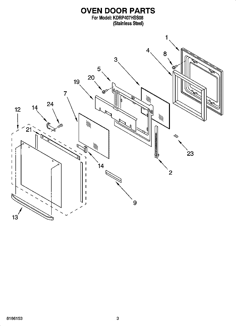 OVEN DOOR PARTS Diagram and Parts List for KDRP407HSS08  KitchenAid Range