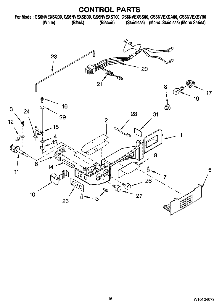 CONTROL PARTS Diagram and Parts List for GS6NVEXSY00  Whirlpool Refrigerator