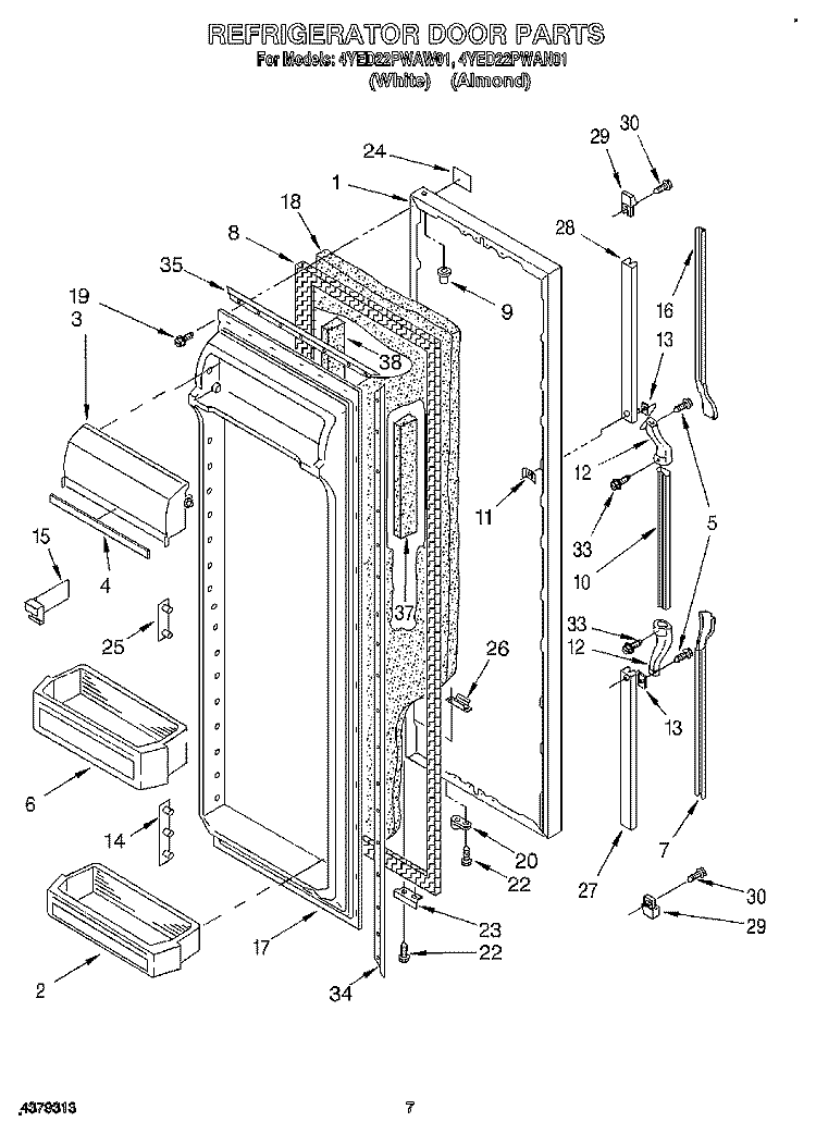 REFRIGERATOR DOOR Diagram and Parts List for 4YED22PWAW01  Whirlpool Refrigerator