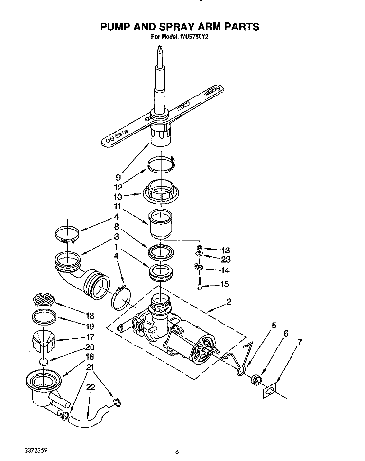 PUMP AND SPRAY ARM Diagram and Parts List for WU5750Y2  Roper Dishwasher