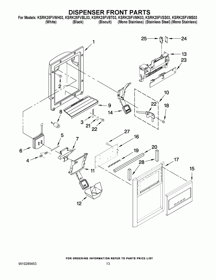 DISPENSER FRONT PARTS Diagram and Parts List for KSRK25FVBL03  KitchenAid Refrigerator