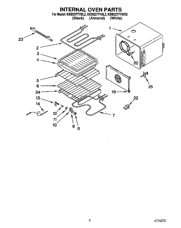 INTERNAL OVEN Diagram and Parts List for KEBS277YBL2  KitchenAid Wall Oven