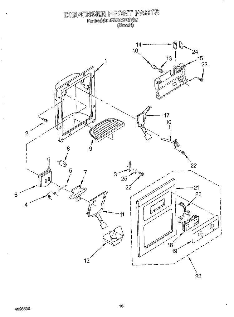 DISPENSER FRONT Diagram and Parts List for 4YED25PQFN02  Whirlpool Refrigerator