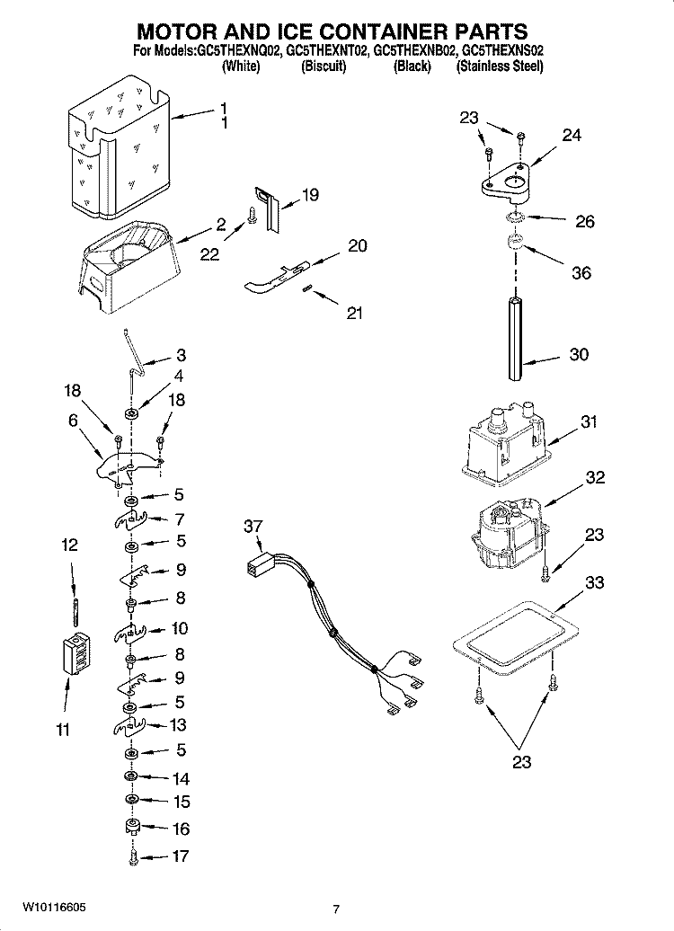 MOTOR AND ICE CONTAINER PARTS Diagram and Parts List for GC5THEXNT02  Whirlpool Refrigerator